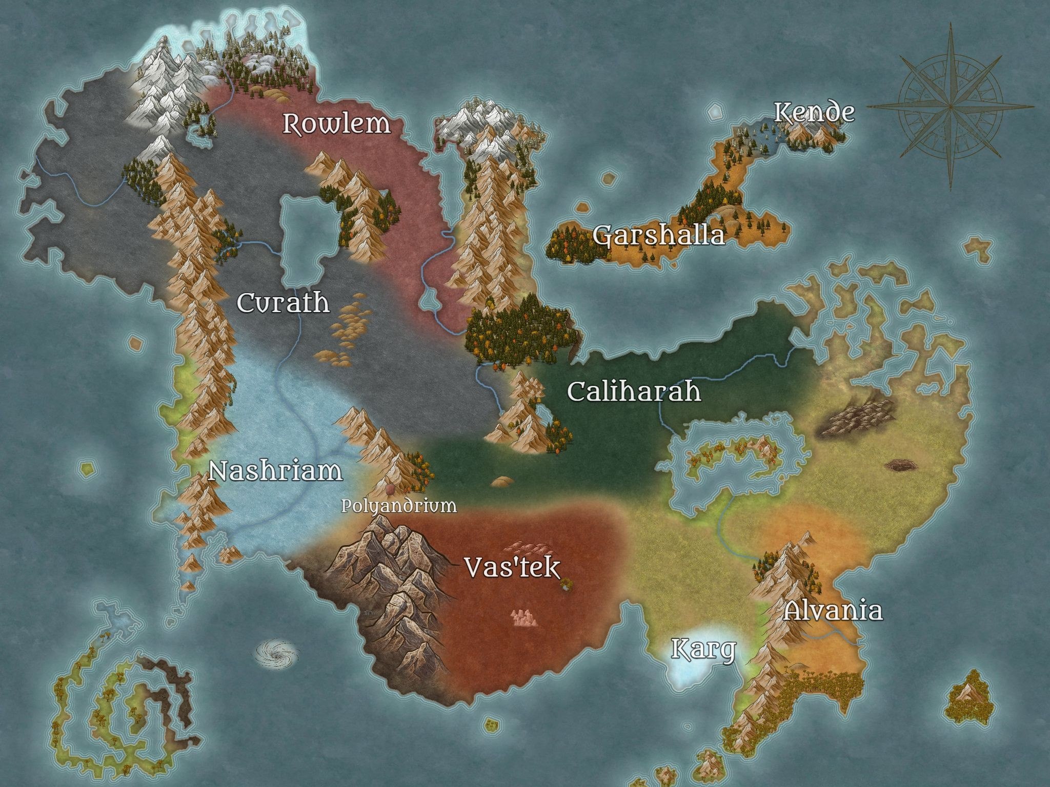 A political map of Aropria, each nation's territory shaded and named. Rowlem runs along the northern coast; Curath fills the north-west behind it; Nashriam holds the western mountains; Garshalla and Kende sit on the north-eastern islands; Caliharah spreads across the centre and east; Vas'tek's red desert takes the south, with Polyandrium marked at its northern edge; Karg holds the south-eastern plain and Alvania the peninsula below it.