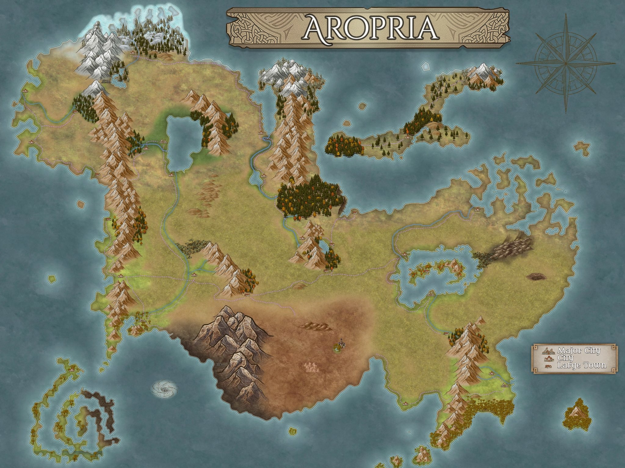 A map of the continent of Aropria. A broad landmass runs east to west: an icefield and white peaks in the far north-west, a long mountain range down the western coast, open plains through the centre, and a dark desert ringed by high mountains in the south. A chain of wooded islands lies off the north-east coast, a forested peninsula reaches south-east, and a separate canyon-cut land sits to the south-west beyond a spiral maelstrom. Roads join the marked cities and towns.