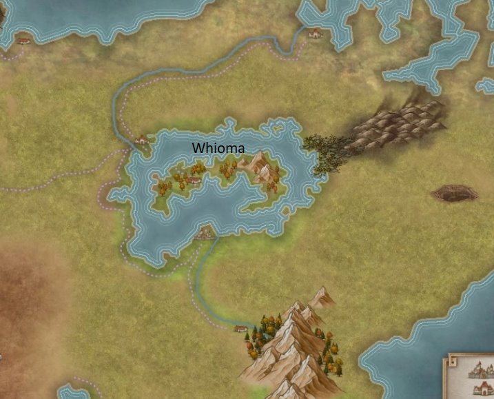 Map of Whioma, a small wooded island ringed by shallow water, set at the centre of Lake Kea and reached only by boat.